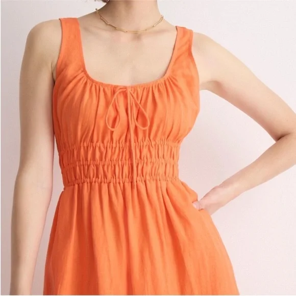 J.Crew Smocked Midi 100% Linen Dress in Tangerine Orange sz. M - Picture 3 of 8